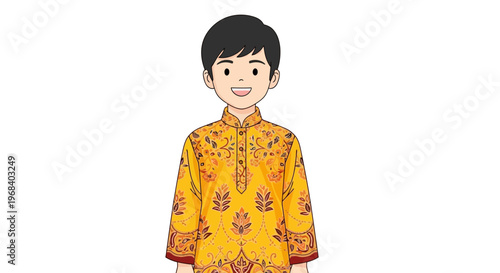 Cartoon boy wearing traditional Indian or Asian style yellow kurta with intricate red and brown patterns and designs smiling happily on white background