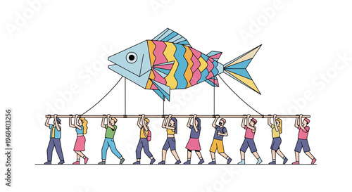 Vibrant group of people carrying colorful large fish puppet on strings in playful team effort with artistic whimsy and fantastical elements in a lively celebration