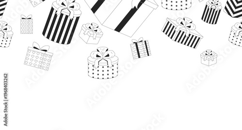 Wrapped gift boxes black and white top border. Presents. Seamless upper frame with line art pattern. Flat 2D graphic with falling composition. Copy space overlay repeat. Horizontal header divider