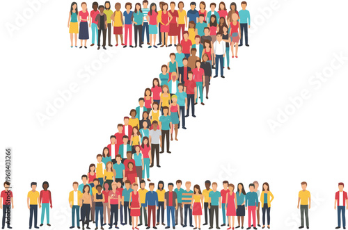 Diverse group of multiethnic people standing together forming the letter Z shape representing generation z youth culture global community and social diversity