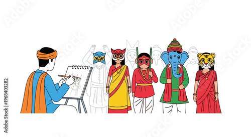 A traditional Indian artist drawing a colorful Hindu mythological characters on a canvas in a vibrant artistic style with various cultural costumes and accessories in a studio setting.