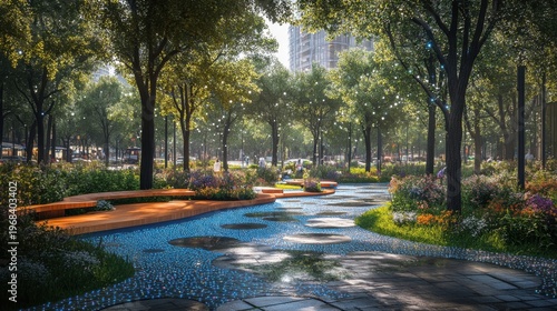 Smart city park with connected benches, Wi-Fi trees via 5G