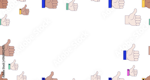 Social media thumbs up decorative frame copy-space. Likes. Seamless flat design background with copyspace center. Border backdrop with space for text. Scattered pattern elements arranged around edges