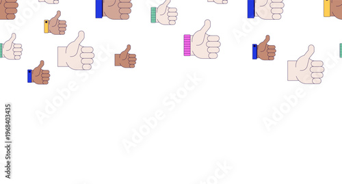 Social media thumbs up top frame illustration. Likes. Decorative upper border on white background. Web header with copy space. Seamless horizontal pattern. Page decoration. Vector divider separator