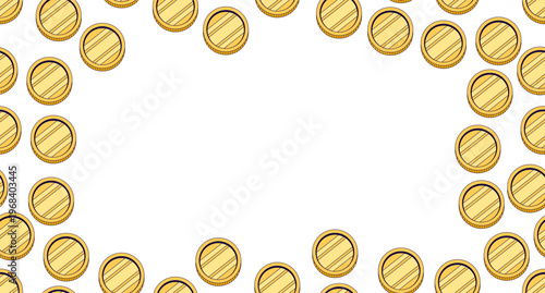 Shiny coins decorative frame copy-space. Money finance. Seamless flat design background with copyspace center. Border backdrop with space for text. Scattered pattern elements arranged around edges