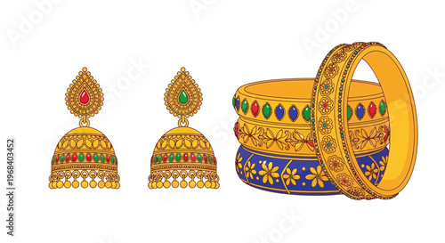 Traditional Indian gold jewelry, jhumka earrings and bangles with colorful gemstones and intricate designs, ornate and luxurious, festive adornments, cultural heritage accessories