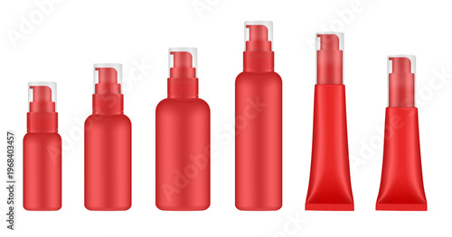 Set of red cosmetic bottles and tubes with pump. Dispenser for soap or lotion. Plastic cosmetic containers. Serum or gel