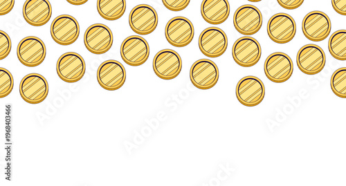 Shiny coins top frame illustration. Money finance. Decorative upper border on white background. Web header with copy space. Seamless horizontal pattern. Page decoration. Vector divider separator