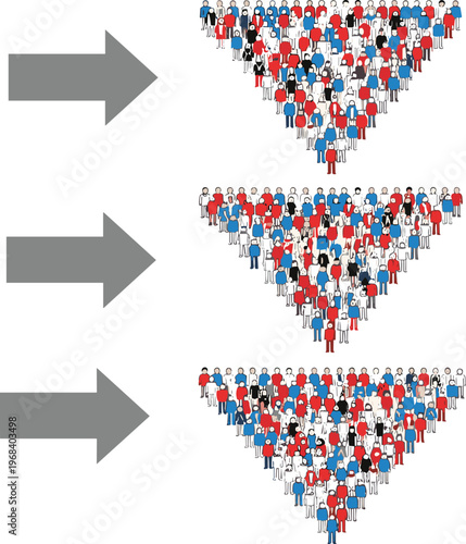 Diverse crowd of people forming inverted triangle shapes with directional arrows showing social media audience growth marketing funnel and lead generation strategy for business