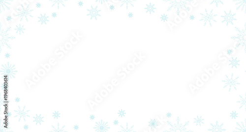 Snowflakes winter decorative frame copy-space. Snowfall. Seamless flat design background with copyspace center. Border backdrop with space for text. Scattered pattern elements arranged around edges