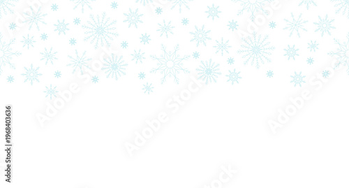 Snowflakes winter top frame illustration. Snowfall. Decorative upper border on white background. Web header with copy space. Seamless horizontal pattern. Page decoration. Vector divider separator