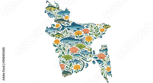 Vibrant floral patterned Bangladesh map with colorful flowers and leaves in a whimsical artistic style on a white background, representing national pride and beauty in a creative way.