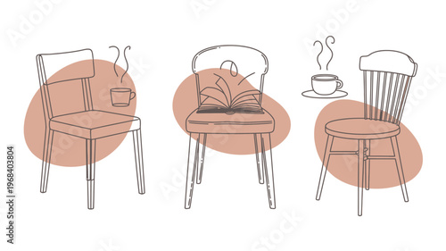 Minimalist line art chairs with coffee cups and books for cozy reading spaces