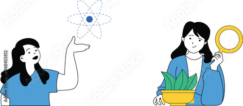 Two women exploring science through an atom and plant observation with curiosity and magnifying glass