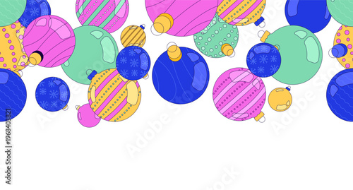 Christmas ornaments top frame illustration. Baubles. Decorative upper border on white background. Web header with copy space. Seamless horizontal pattern. Page decoration. Vector divider separator