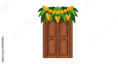 Vibrant tropical floral wreath adorning a rustic wooden door with green leaves and bright orange flowers, minimalist flat design style, decorative home entrance concept