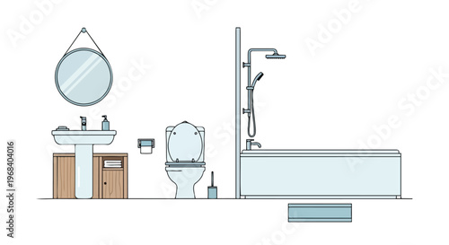 Contemporary Bathroom Fixtures: A Minimalist Illustration of Essential Sanitary Elements in a Modern Space