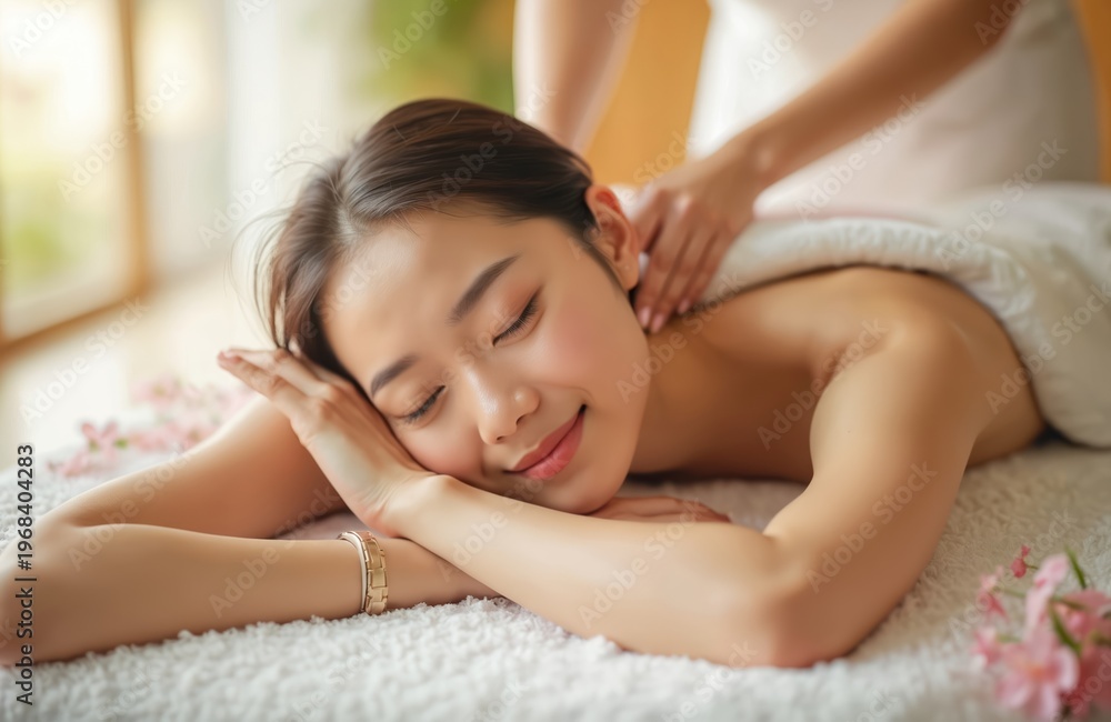 Obraz premium Young Asian woman enjoys therapeutic massage on bed. Masseuse hands apply gentle pressure on her shoulders and back. Peaceful atmosphere with soft lighting and floral decor.