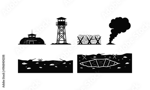 Military base vector silhouette illustration with bunker, watchtower, barbed wire, smoke.