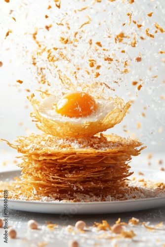 thai crispy pancake flying with coconut topping and golden egg threads, isolated on white background