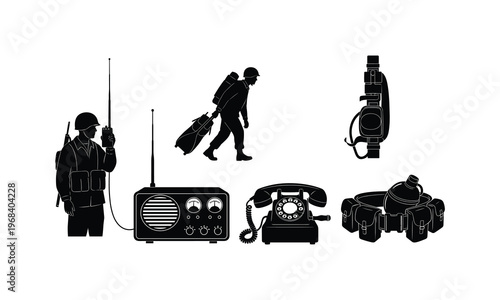Military communication and equipment line art vector silhouette illustration of soldier and radio.