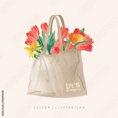 Bouquet of tulips packed in a eco-Friendly reusable shopping bag . Flower delivery shop for a client. Flowers as a gift for the holiday. Vector illustration on isolated background.