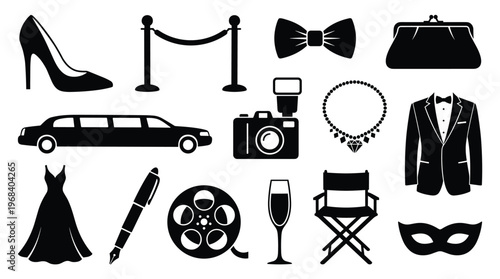 A sophisticated collection of black silhouette icons representing a glamorous red carpet event, featuring a limousine, high heel, tuxedo, and camera on a white background.