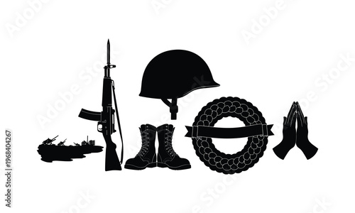 Military equipment silhouette vector illustration for memorial day honor with prayer hands.