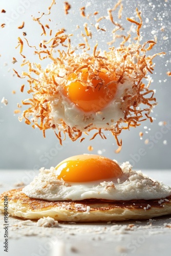 thai crispy pancake flying with coconut topping and golden egg threads, isolated on white background