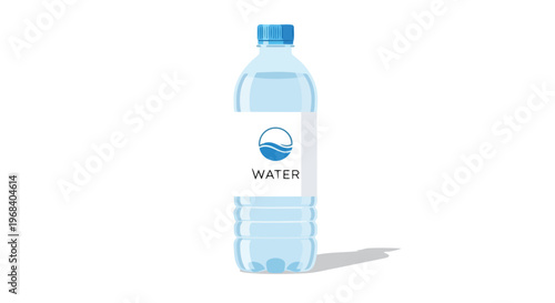 Clear plastic bottle filled with pure, refreshing water, branded with a simple wave logo and text, against a clean white background, evoking