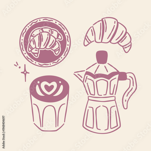 Hand-drawn coffee set with moka pot, latte art, and croissants, dusty pink line art doodle on cream background.