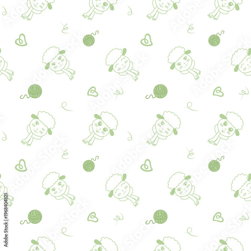 Seamless knitting pattern with cute sheep characters and wool yarn balls, pastel mint nursery textile design.
