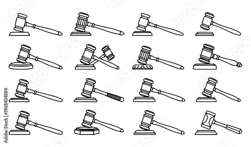 Judge gavel outline icon collection with court and justice symbols in linear style isolated on white background