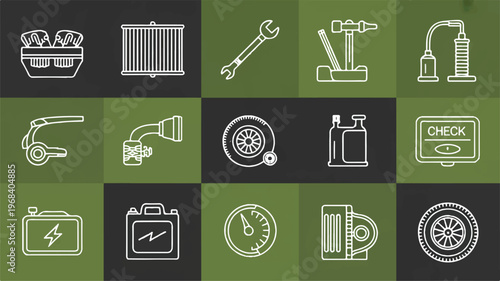 collection of car maintenance and repair icons in green and black squares