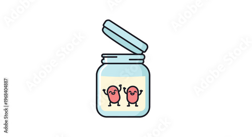 Cartoon pink creatures in jar.