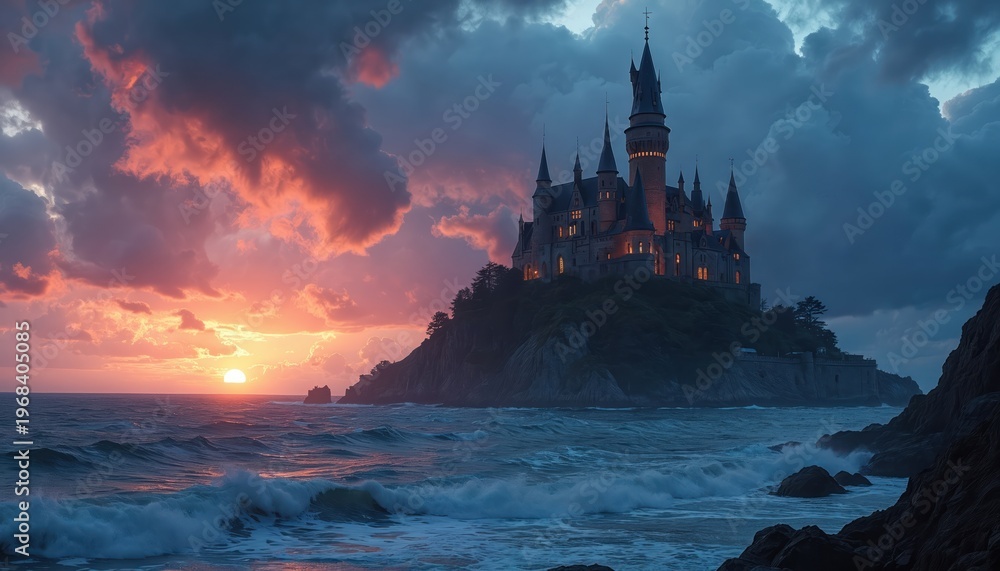 Obraz premium Castle on cliff by ocean at sunset. Dramatic clouds and waves. Coastal fortress at twilight. Mysterious island fortress lit at dusk. Seascape with historic building.