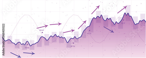 Purple financial graph with fluctuating line chart, business growth and decline, stock market analysis vector illustration, data visualization for investment and economics
