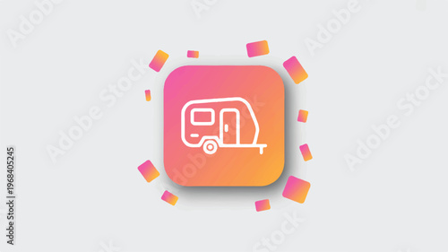 Colorful caravan trailer icon with confetti on light gray background