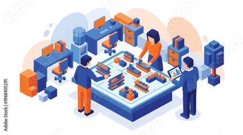 A collaborative team in a modern isometric office environment works together on a strategic project, arranging colorful blocks on a large central planning table.
