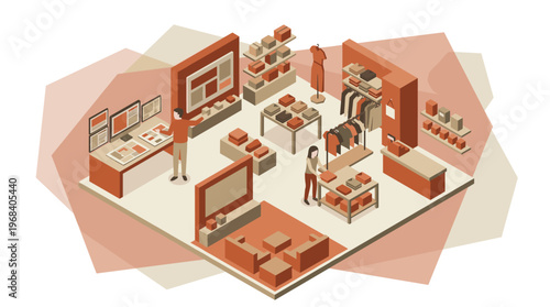 Detailed isometric clothing boutique interior shows customers browsing racks and displays in a modern retail space with a warm, monochromatic terracotta color scheme.