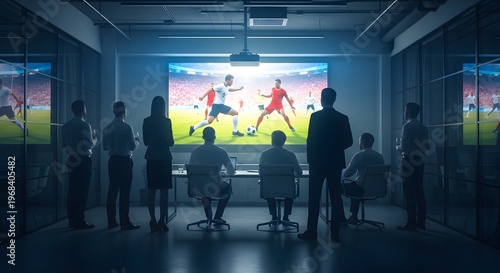 Business team watches soccer match on large screen in modern office meeting room