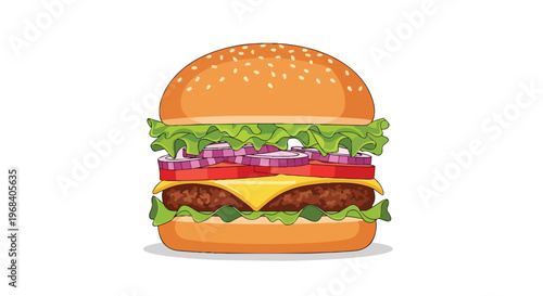 Deliciously Crafted Hamburger Illustration with Fresh Toppings and a Sesame Seed Bun on a White Background