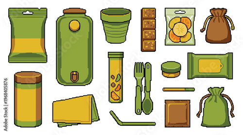 A detailed set of pixel art camping and hiking equipment, including a water bladder and reusable utensils, is organized for a survival game inventory.