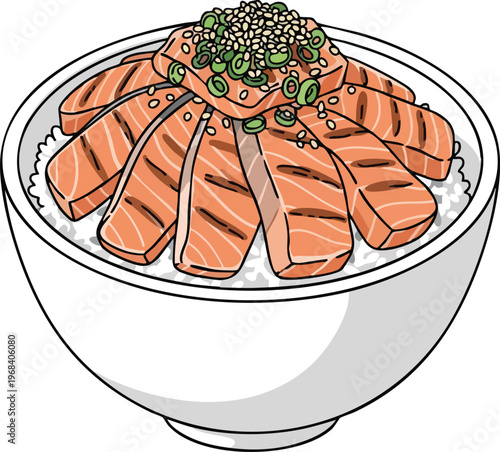 Delicious Grilled Salmon Rice Bowl with Sesame Seeds and Green Onions.