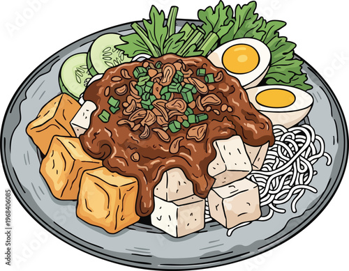 Delicious Indonesian Tofu and Egg Dish with Peanut Sauce.