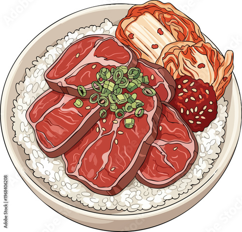 Delicious Korean Beef Bulgogi Rice Bowl with Kimchi.