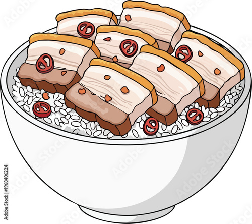 Delicious Pork Belly Rice Bowl with Chili Slices.