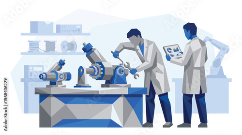 Two professional engineers in a modern laboratory meticulously work on advanced robotic arms, analyzing data and making precise adjustments in a cool blue palette.