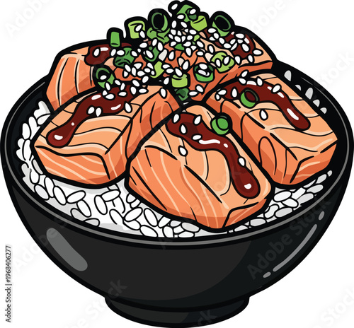 Delicious Salmon Rice Bowl with Sesame Seeds and Green Onions.