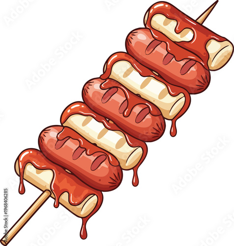 Delicious Sausage Skewer with Drizzled Sauce on a Stick.